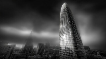 Monochromatic Skyscraper In Misty Cityscape