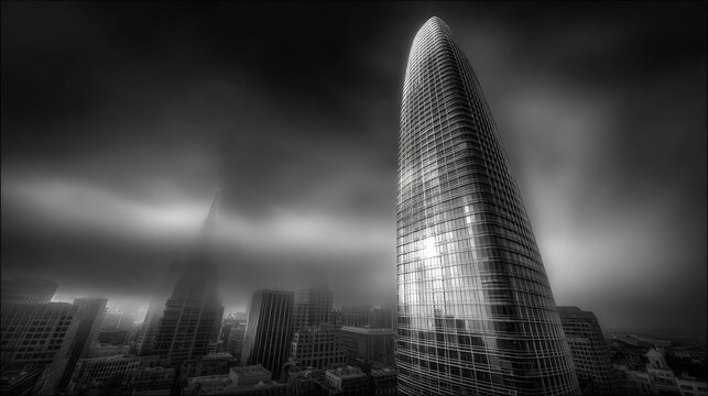 Monochromatic Skyscraper In Misty Cityscape