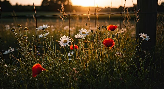 Idyllic summer meadow filled with blooming poppies and daisies, beautifully illuminated by the warm, atmospheric glow of the setting sun behind a rustic fence - Powered by Adobe