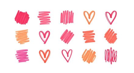 Fototapeta premium A collection of colorful, hand-drawn hearts and abstract scribbled strokes in pink and orange hues