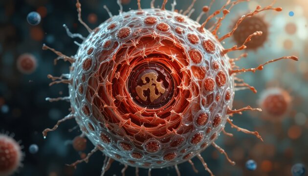 Artistic rendering of a virus cell structure with intricate details and vibrant colors