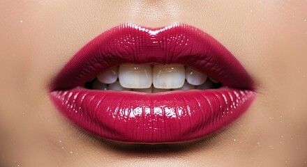 Obraz premium Glamorous macro shot of a woman's sensual plump lips with vibrant magenta glossy lipstick, her mouth slightly open revealing perfect white teeth in a beauty concept