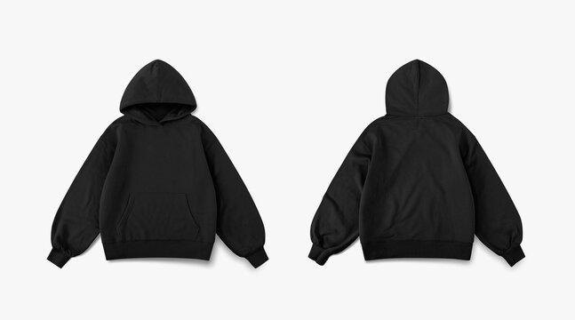 black oversized hoodie on white background, black hoodie from front and back side