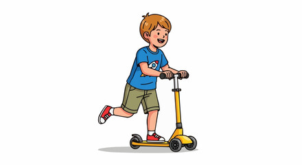 Young boy happily riding a yellow scooter outdoors.