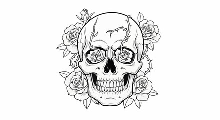 Skull with Roses Tattoo Design Black and White Illustration.