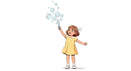Happy little girl in yellow dress blowing bubbles with a wand, enjoying a playful moment.