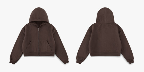 brown zipper hoodie on white background, brown crop hoodie from front and back side © DekGrativ