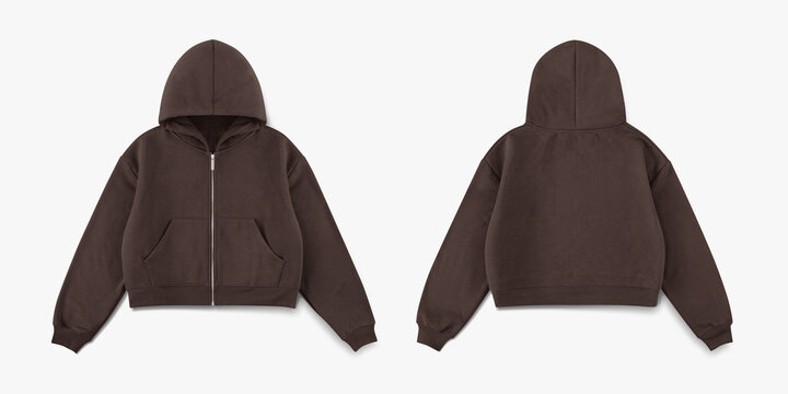 brown zipper hoodie on white background, brown crop hoodie from front and back side