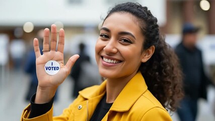 A smiling woman holds up her 'I VOTED' badge, celebrating democracy.