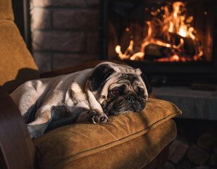 Cozy scene featuring a pug relaxing on a chair near a fireplace. Evokes warmth, comfort, and relaxation. Ideal for lifestyle, pet care, or home decor content.