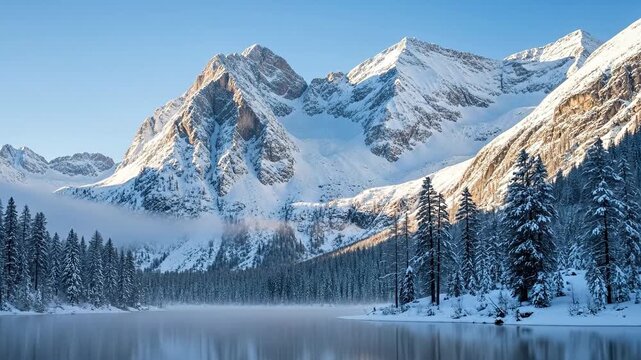 A tranquil winter landscape featuring snow-capped mountains by a calm lake.