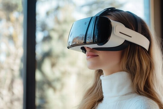 Female user experiencing VR environment with headset