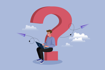 Young man sitting on a big red question mark using a laptop. Concept of online search for answers and customer support FAQ. Vector illustration of freelancer working with paper airplanes flying.