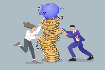 Man and woman pushing wobbly coin stack with piggy bank to keep balance. Concept of financial crisis management and saving struggle. Vector illustration of teamwork stabilizing economy.