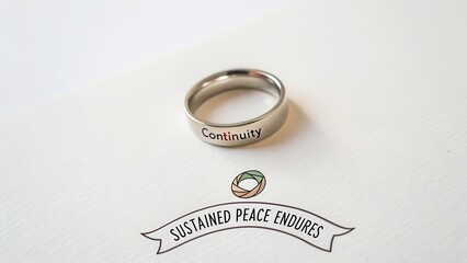 A polished metal ring with the word Continuity engraved, resting on a clean white surface beside a banner and icon symbolizing sustained peace.
