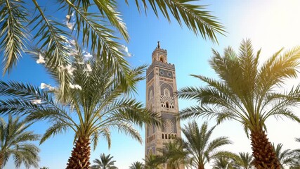 View of Hassan Ii Mosque Minaret Between Palm Trees, Casablanca