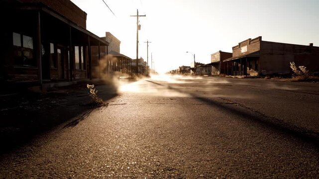A dusty western town street bathed in golden sunlight with steam or heat haze rising from the road and buildings