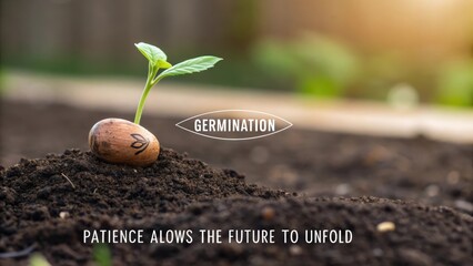 A robust seed on dark soil with a tiny green seedling emerging and the word germination, representing new beginnings and growth.