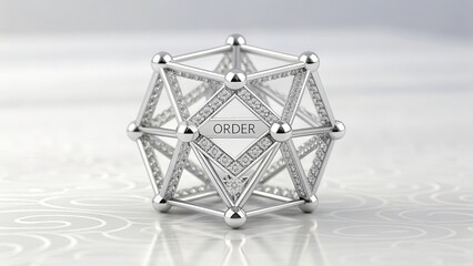 A perfectly symmetrical, crystalline geometric structure displaying the word ORDER with intricate diamond accents.