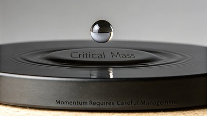 A perfectly spherical mercury droplet hovering above a rippling surface with 'Critical Mass' text