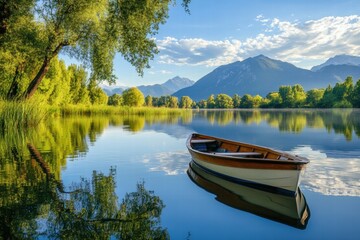 Obraz premium Quiet lakeside scene with vivid green reflections