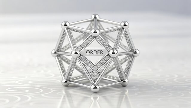 A perfectly symmetrical, crystalline geometric structure displaying the word ORDER with intricate diamond accents.