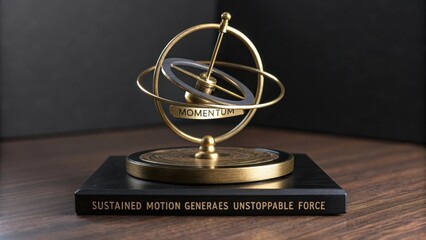 A polished brass gyroscope with the word MOMENTUM inscribed, elegantly spinning on a dark wooden base, illustrating sustained motion and unstoppable force.