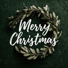 Minimalist Dark Christmas Greeting: Hand-Lettered White "Merry Christmas" Text within Simple Natural Wreath on Deep Dark Green Stone or Slate Background