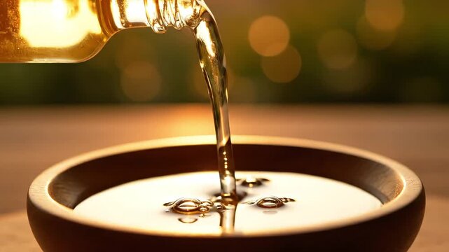 A stream of pure golden oil flows from a bottle into a wooden bowl against a warm, blurred background, embodying a natural and healthy lifestyle concept