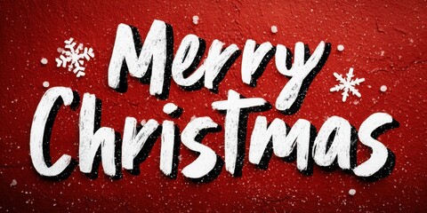 Grungy Christmas Design: Hand-Drawn Chalk Style "Merry Christmas" Text with Snowflakes on Rough Textured Bright Red Background for Festive Holiday Banner