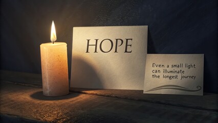 A single flickering candle casting warm light on the word HOPE and inspirational text against a dark background.