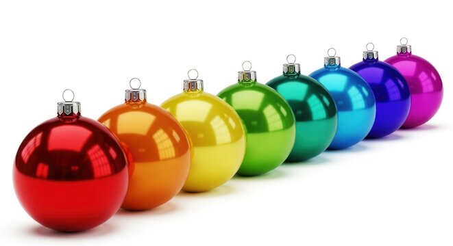 A row of colorful Christmas ornaments in a rainbow pattern.