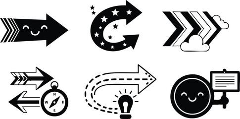 Playful black and white arrows with smiley faces and light bulb illustration for dynamic design projects