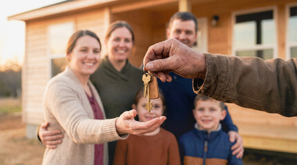 Volunteer giving house keys to new owner hands real estate charity home donation shelter support humanitarian aid housing kindness social work property security community service lifestyle care 