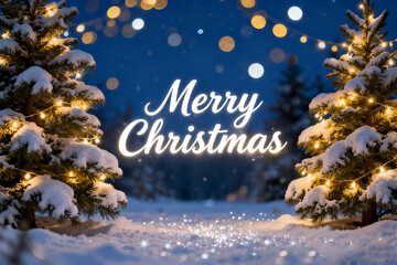 Snowy christmas trees with warm lights and festive greeting