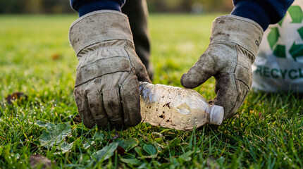 Volunteer picking up plastic trash from grass hands gloves ecology environment protection cleanup nature pollution waste garbage recycling charity community service park lifestyle teamwork green
