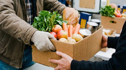 Volunteer giving food donation box to poor family hands grocery humanitarian aid charity support community help hunger relief cardboard package vegetables fruit kindness social work delivery service