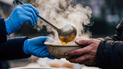 Volunteer serving hot soup food to homeless person hands ladle poor hunger charity donation humanitarian aid community kitchen support meal kindness social work poverty relief lifestyle