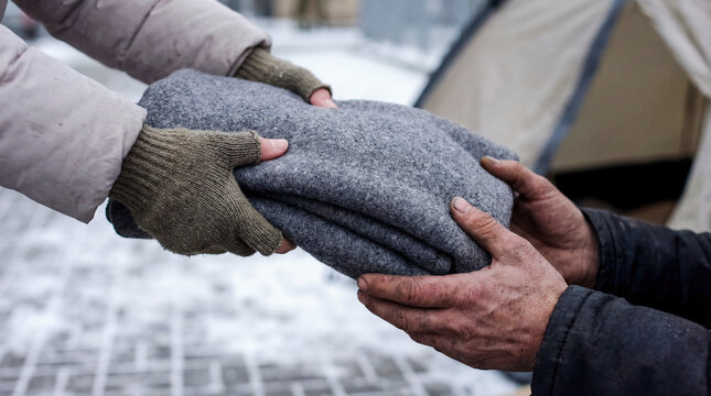 Volunteer giving warm clothes to homeless person hands sweater winter donation charity poverty help support humanitarian aid cold weather kindness social work textile sharing community service  - Powered by Adobe