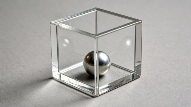 A precisely cut clear glass cube containing a reflective metallic sphere against a muted background