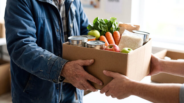 Volunteer giving food donation box to poor family hands grocery humanitarian aid charity support community help hunger relief cardboard package vegetables fruit kindness social work delivery service