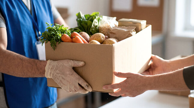 Volunteer giving food donation box to poor family hands grocery humanitarian aid charity support community help hunger relief cardboard package vegetables fruit kindness social work delivery service