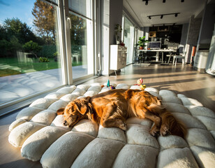 Tranquil scene of a golden retriever dog peacefully sleeping on a comfy mattress by a bright window. Captures relaxation, serenity, and the simple joys of home life.