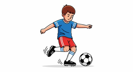 Young boy kicking soccer ball with determination and focus on the field.
