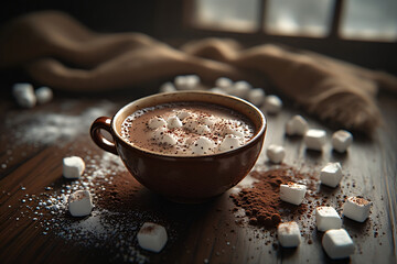 cup of coffee, chocolatemilk with chocolate, cosy photo for christmas