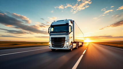 White trailer truck driving on empty road at sunset, cinematic speed.