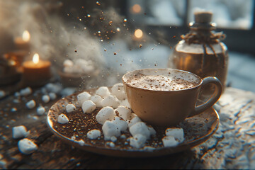 cup of coffee, chocolatemilk with chocolate, cosy photo for christmas