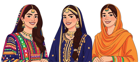 Three Women in Traditional South Asian Attire Vector Illustration Colorful Ethnic Clothing Art