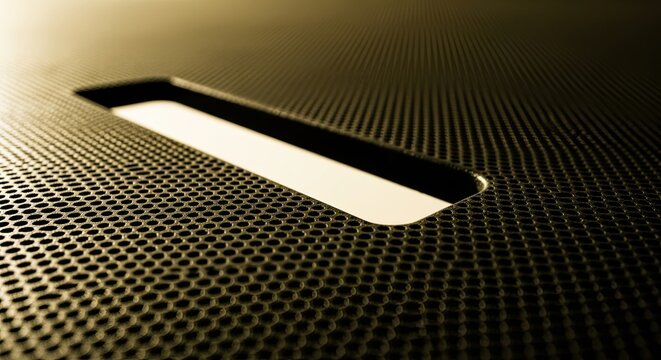 Close-up of a dark perforated metal grille with a hexagonal pattern and a handle slot, illuminated by warm, dramatic lighting creating an abstract industrial background