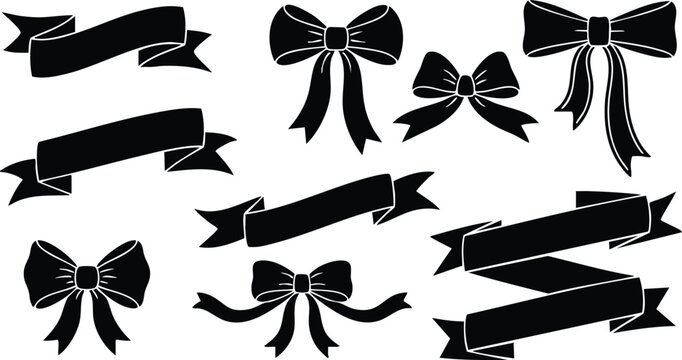 Decorative ribbons and bows suitable for various occasions like gifts and celebrations, perfect for design projects and crafts 